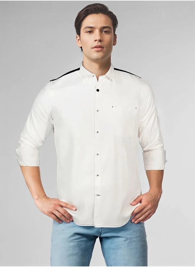 Dennis Lingo Men white - navy regular fit solid full sleeves button down cotton blend shirts with button closure featuring a spread collar- where comfort meets classic charm.