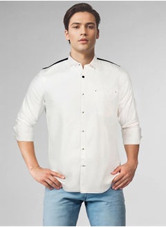Dennis Lingo Men white - navy regular fit solid full sleeves button down cotton blend shirts with button closure featuring a spread collar- where comfort meets classic charm.  - Image 1