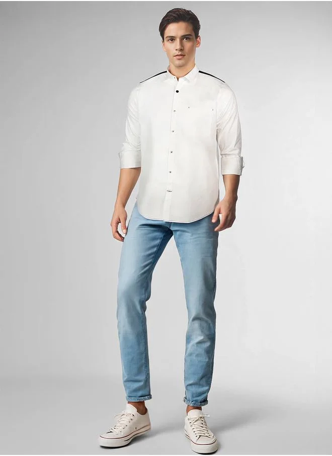 Dennis Lingo Men white - navy regular fit solid full sleeves button down cotton blend shirts with button closure featuring a spread collar- where comfort meets classic charm.
