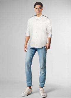 Dennis Lingo Men white - navy regular fit solid full sleeves button down cotton blend shirts with button closure featuring a spread collar- where comfort meets classic charm.  - Image 2