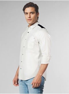 Dennis Lingo Men white - navy regular fit solid full sleeves button down cotton blend shirts with button closure featuring a spread collar- where comfort meets classic charm.  - Image 5