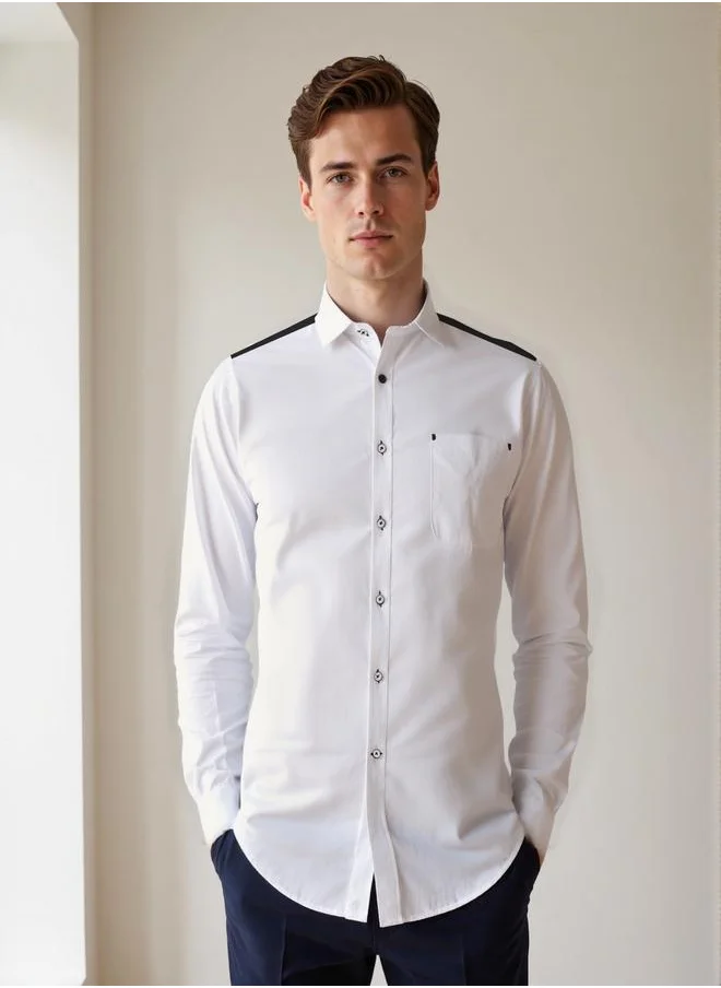 دينيس لينغو Men's White Cotton Blend Solid Button Down Regular Fit Shirt