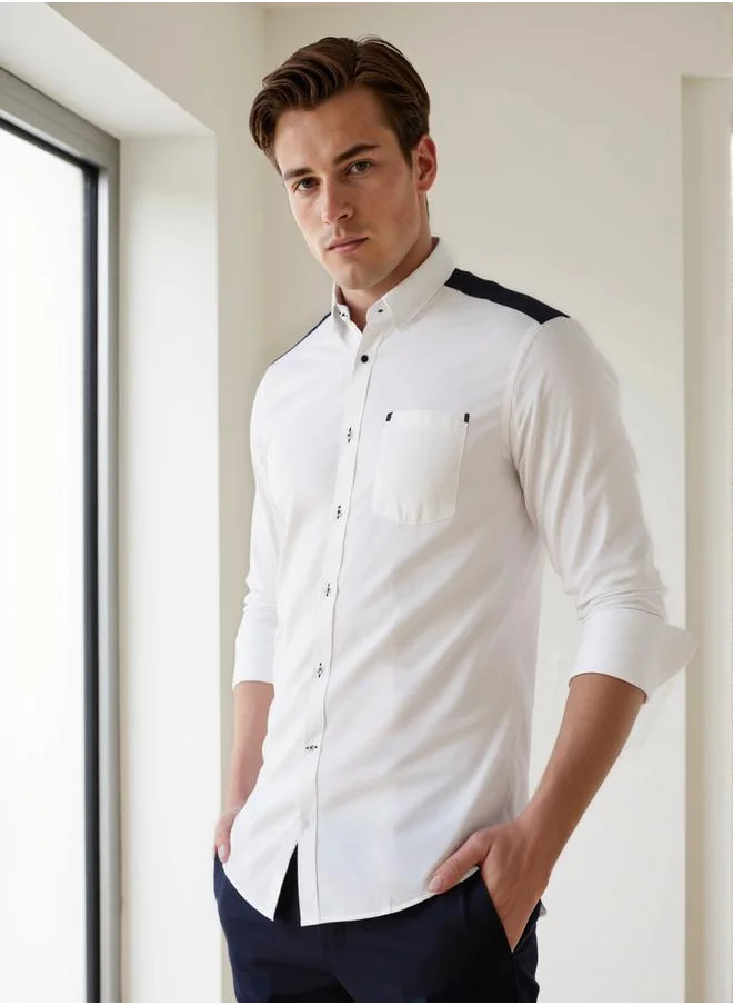 دينيس لينغو Men's White Cotton Blend Solid Button Down Regular Fit Shirt