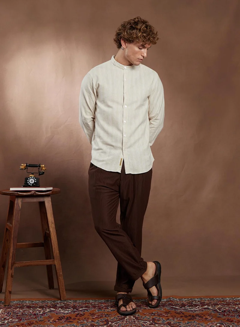 CAHOOT  Men's Off-White & Ecru Beige Striped Extended-Band Collar Shirt for Men | Best Price UAE