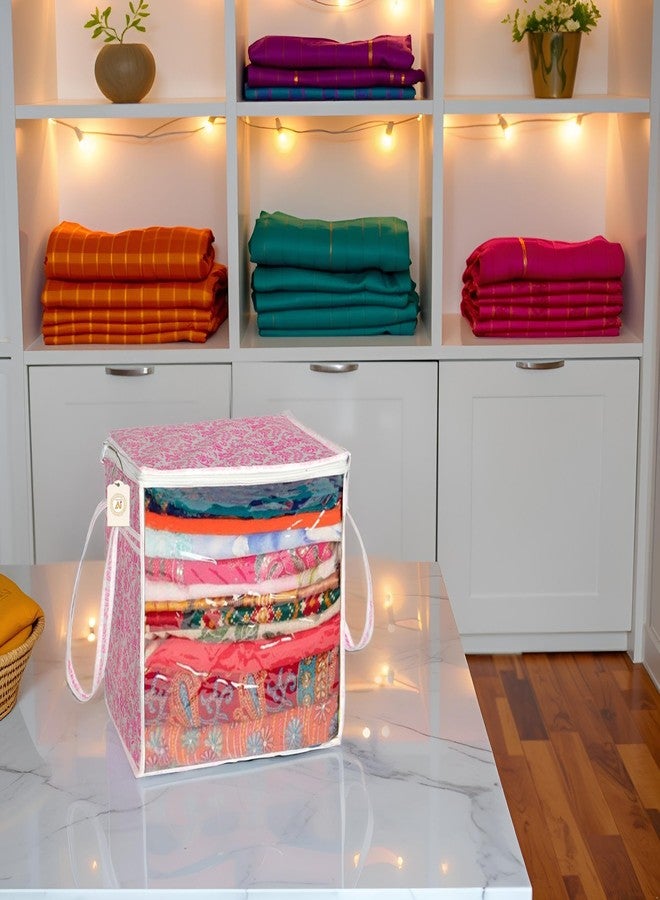 SHAPING FABRIC Pink Floral Fabric Saree Storage Bag with Transparent Front & Zipper Closure – Pack of 01 SNW-418 - Image 1