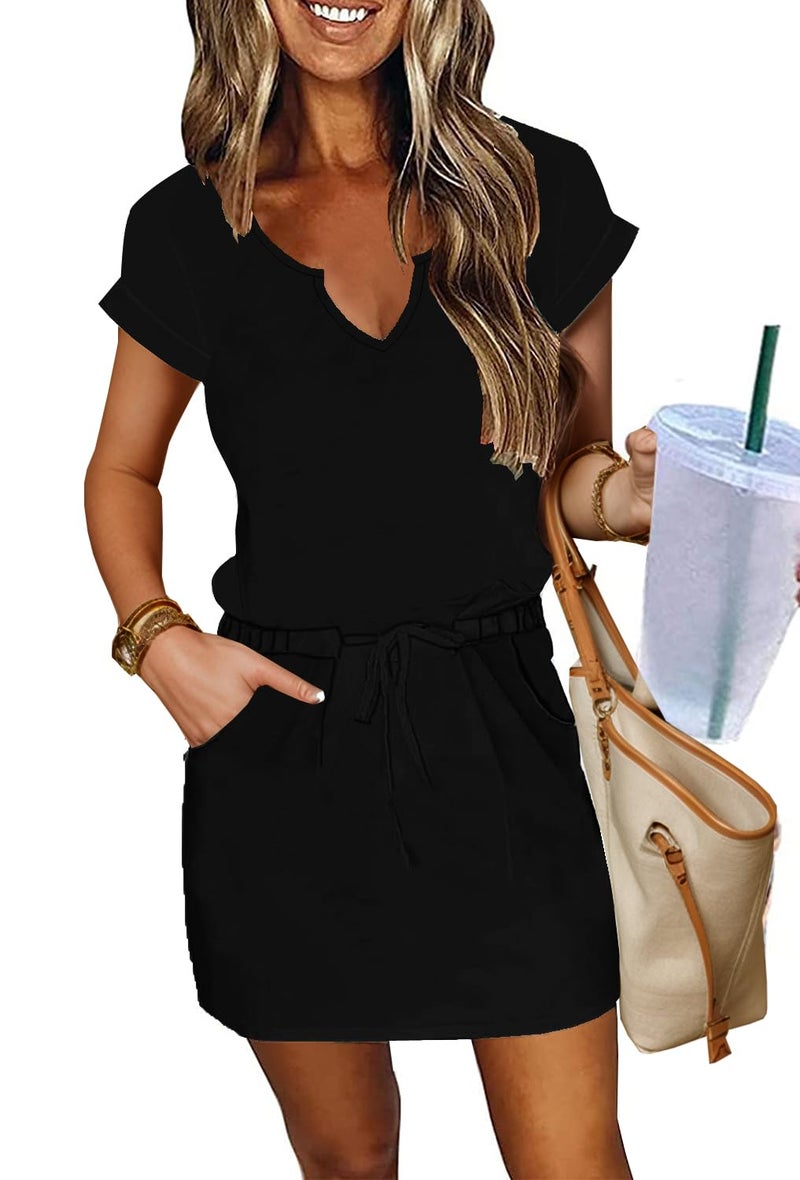 SAUKOLE Women Summer T Shirt Dress Casual Short Sleeve V Neck Dress with Pockets Drawstring Waist Short Dresses - Image 1