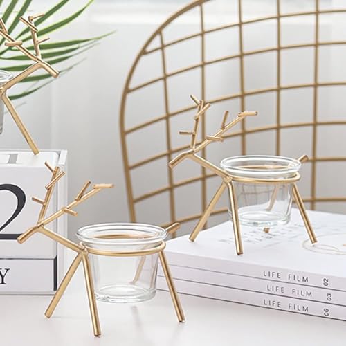 the purple tree Purple Tree Christmas Reindeer Tealight Holder - 2 pc (Gold) Reindeer Shaped Tealight Holder, Christmas Light, Tealight Candle Holder (Wrought & Cast Iron) - Image 1