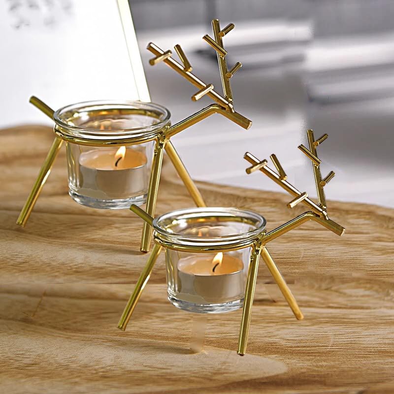 the purple tree Purple Tree Christmas Reindeer Tealight Holder - 2 pc (Gold) Reindeer Shaped Tealight Holder, Christmas Light, Tealight Candle Holder (Wrought & Cast Iron) - Image 2