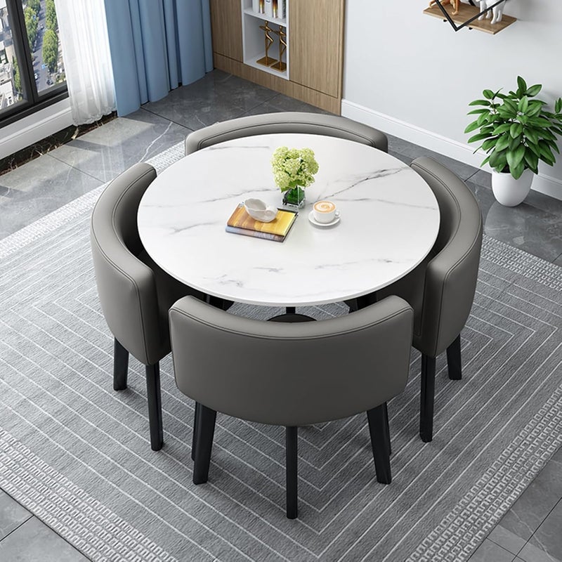 Harmony Home طقم طاولة طعام دائري من هارموني هوم 5 قطع - أثاث غرفة طعام خشبي مع 4 كراسي مبطنة (أبيض ورمادي) - Image 2