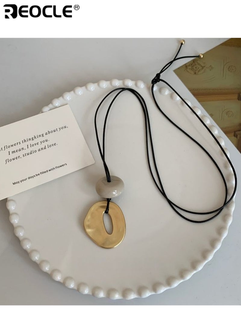 REOCLE Women's Irregular Pendant Necklace Minimalist Artistic Necklace with Adjustable Black Cord Trendy Bohemian Style Necklace with Unique Geometric Design - Image 3