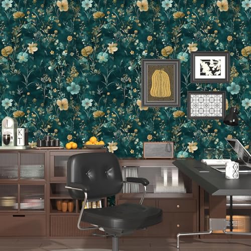 Laatse TealBlueGold Floral Peel and Stick Wallpaper Boho Botanical Wallpaper 175x118 Vintage Wildflowers Contact Paper Waterproof Self Adhesive Modern Stick on Wall Paper for Bedroom Walls Table Cabinet - Image 3