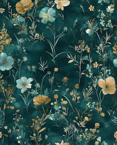Laatse TealBlueGold Floral Peel and Stick Wallpaper Boho Botanical Wallpaper 175x118 Vintage Wildflowers Contact Paper Waterproof Self Adhesive Modern Stick on Wall Paper for Bedroom Walls Table Cabinet - Image 1