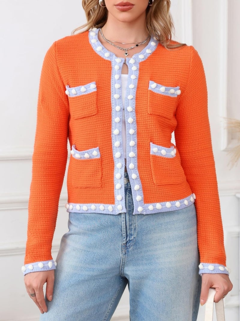 LifeShe Cropped Cardigan for Women Open Front Jackie O Sweater Jacket Button Down Fall Chunky Knit Coats Orange - Image 5