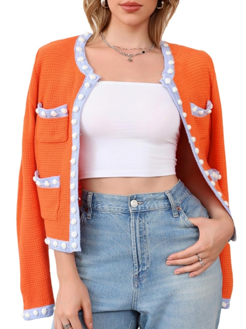 LifeShe Cropped Cardigan for Women Open Front Jackie O Sweater Jacket Button Down Fall Chunky Knit Coats Orange - Image 1