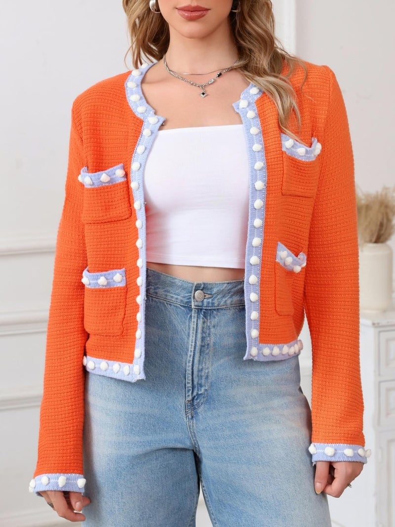 LifeShe Cropped Cardigan for Women Open Front Jackie O Sweater Jacket Button Down Fall Chunky Knit Coats Orange - Image 4