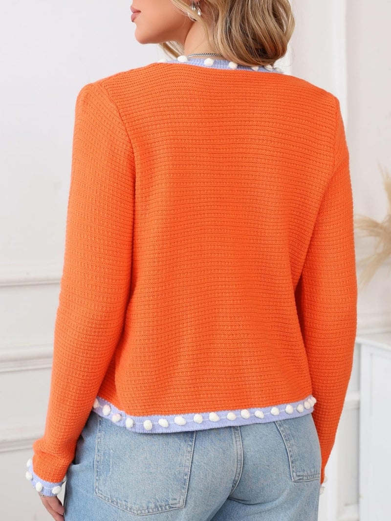 LifeShe Cropped Cardigan for Women Open Front Jackie O Sweater Jacket Button Down Fall Chunky Knit Coats Orange - Image 2