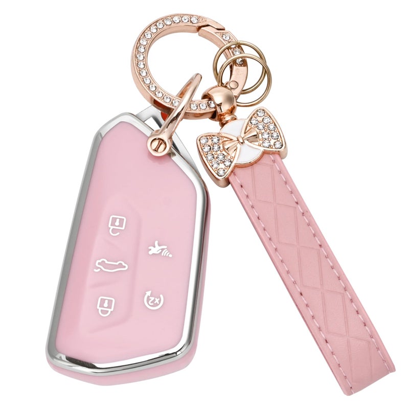 JAMCARI for Volkswagen Key Fob Cover - 5 Button Soft TPU Protection Car Key Case for VW Golf GTI Skoda Octavia ID3 ID4 MK8 Smart Key Case with Bling Keychain Cute Girly Women (Pink) - Image 1