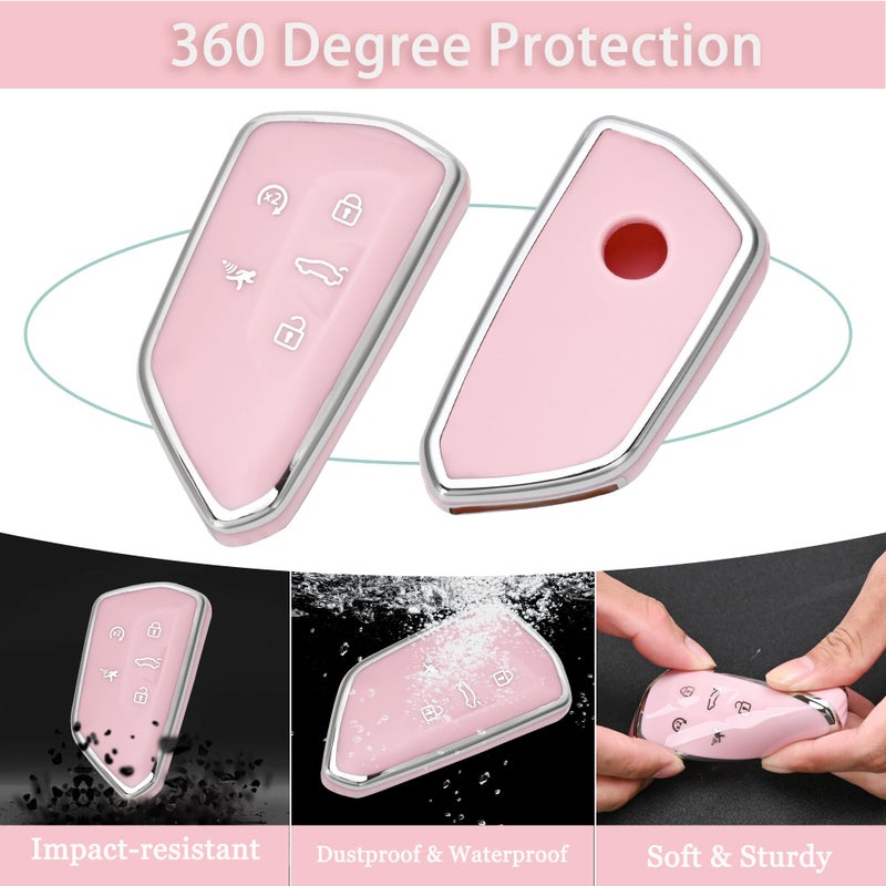 JAMCARI for Volkswagen Key Fob Cover - 5 Button Soft TPU Protection Car Key Case for VW Golf GTI Skoda Octavia ID3 ID4 MK8 Smart Key Case with Bling Keychain Cute Girly Women (Pink) - Image 3