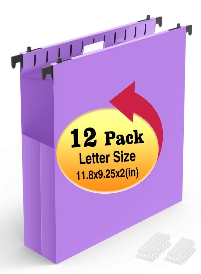 Shutex Extra Capacity Plastic Hanging File Folders,12 Pack Reinforced Expanding Hang Folder Letter Size,Accordian Pocket,Heavy Duty 2 Inch Expansion,Hanging Folder Organizer for Office Home,Purple - Image 1