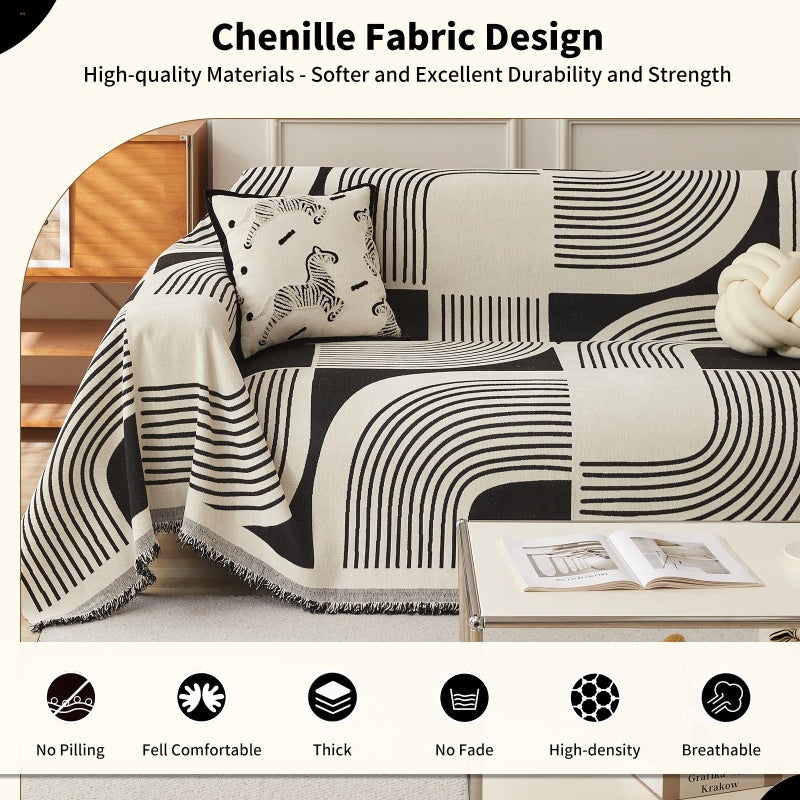 WEYOND Boho Couch Cover Sofa Covers Washable, Chenille Couch Covers for 3 Cushion Couch Sofa Pet Friendly, Bohemian Sofa Slipcovers for Sectional Sofa, Loveseat, 2 3 4 Seater (71" x 150", Black) - Image 3
