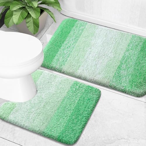 OLANLY Bathroom Rug Set 2 Piece Soft Absorbent Microfiber Bath Mats and UShaped Contour Toilet Rug NonSlip Machine Wash Dry Plush Shaggy Bath Mats for Bathroom 24x1624x20 Green - Image 1