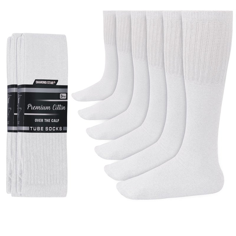 Diamond Star Tube Socks Men 6 Pairs Premium Cushion Cotton Over The Calf Athletic Knee High Socks For Men 10-15 (White) - Image 1