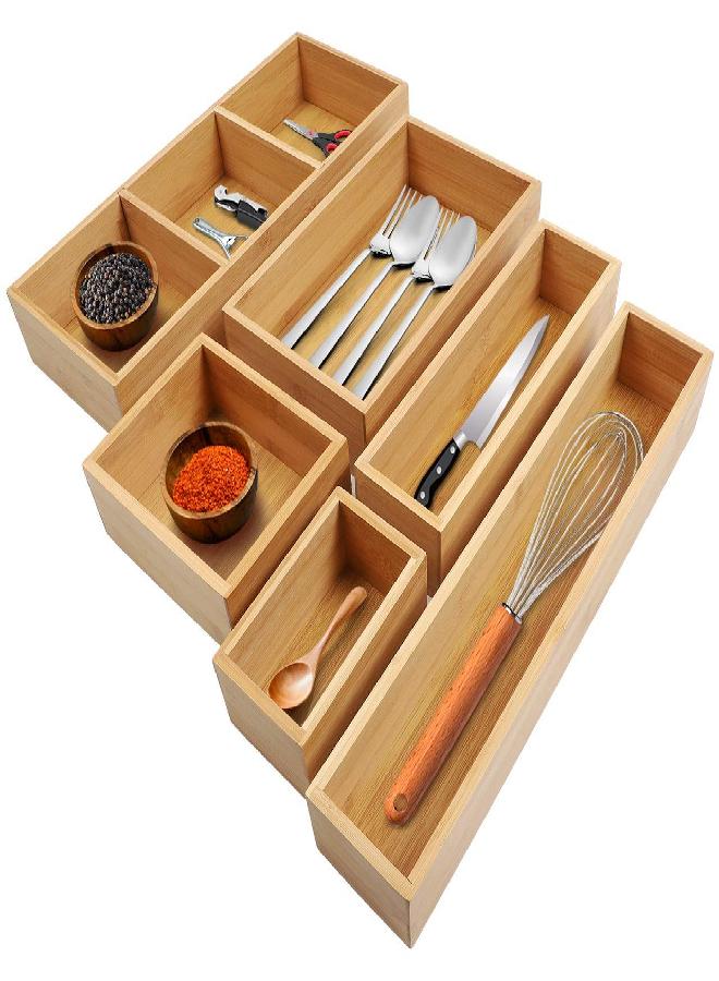 Kootek Kootek Bamboo Drawer Organizer with Removable Dividers, 6 Pcs Adjustable Kitchen Drawer Organizer Utensils Bamboo Organizers Silverware Storage Box Cutlery Tray Multi-Use for Bathroom, Makeup, Office - Image 1