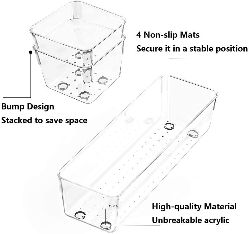 VIKIJO 9 Pcs Desk Drawer Organizer Set Dresser Bathroom Vanity Cosmetic Makeup Trays Multipurpose Plastic Storage Bins for Jewelries, Kitchen Gadgets and Office Accessories ( Clear) - Image 3