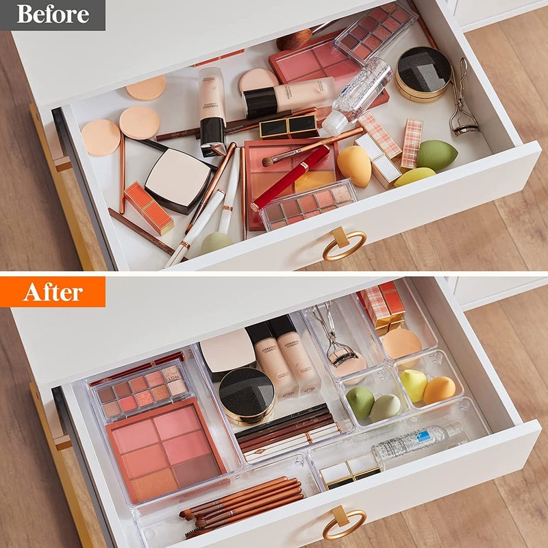 VIKIJO 9 Pcs Desk Drawer Organizer Set Dresser Bathroom Vanity Cosmetic Makeup Trays Multipurpose Plastic Storage Bins for Jewelries, Kitchen Gadgets and Office Accessories ( Clear) - Image 5