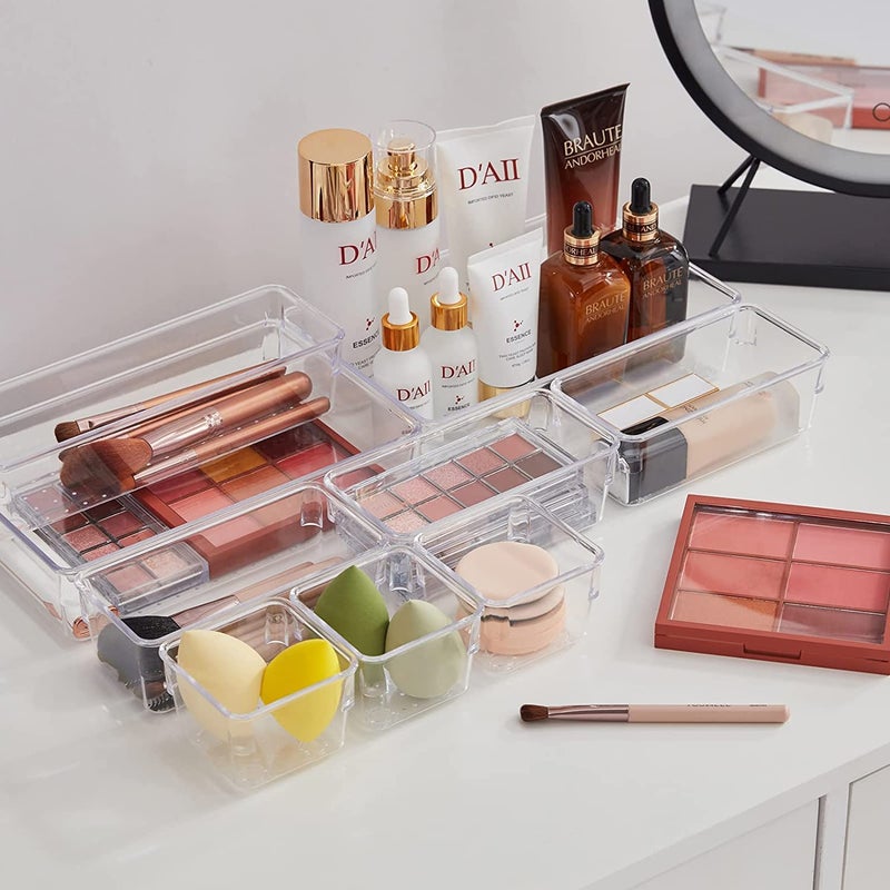 VIKIJO 9 Pcs Desk Drawer Organizer Set Dresser Bathroom Vanity Cosmetic Makeup Trays Multipurpose Plastic Storage Bins for Jewelries, Kitchen Gadgets and Office Accessories ( Clear) - Image 4