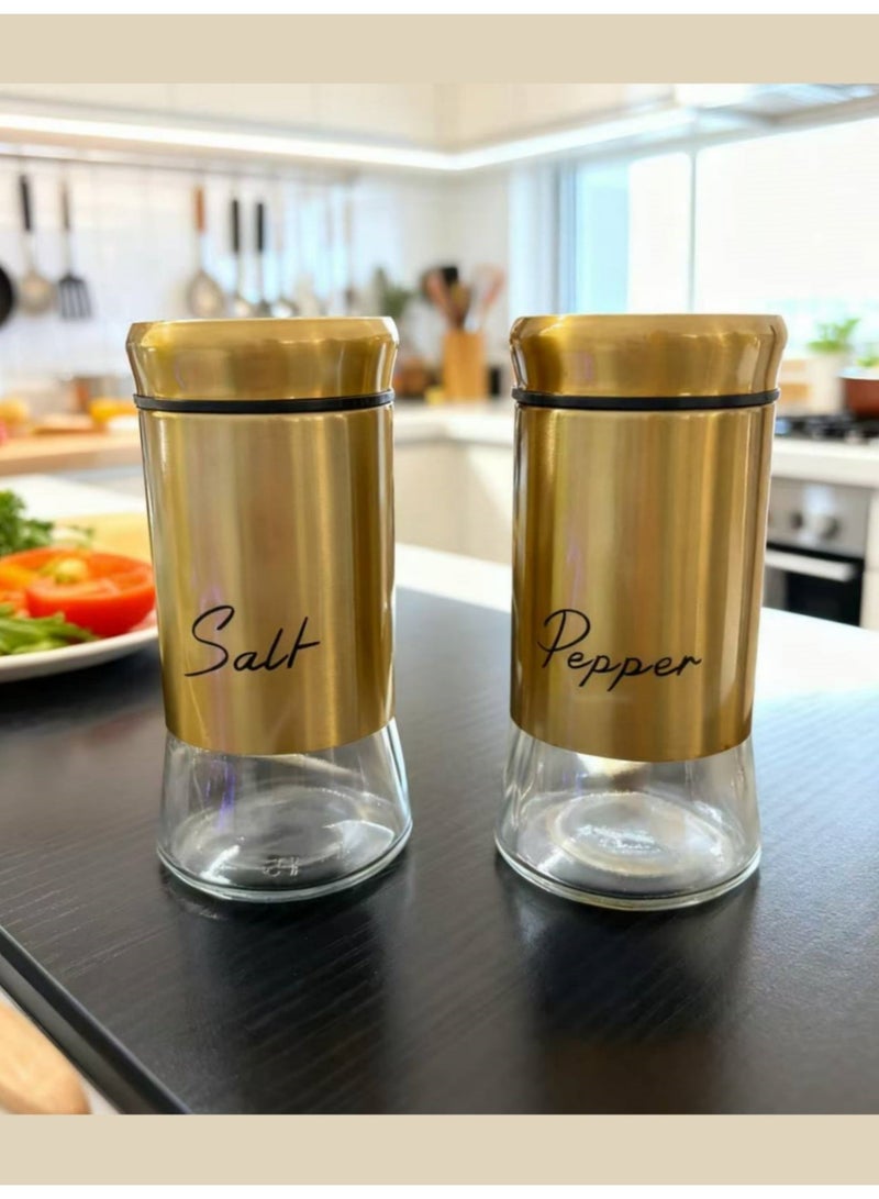 بي إس مجموعة مطحنة الملح والفلفل | مجموعة هزازات الملح والفلفل 150 مل هزازات الملح والفلفل الزجاجية مع أغطية من الفولاذ المقاوم للصدأ قابلة لإعادة التعبئة ملحقات هزازة التوابل للمطبخ | ذهبي - Image 5