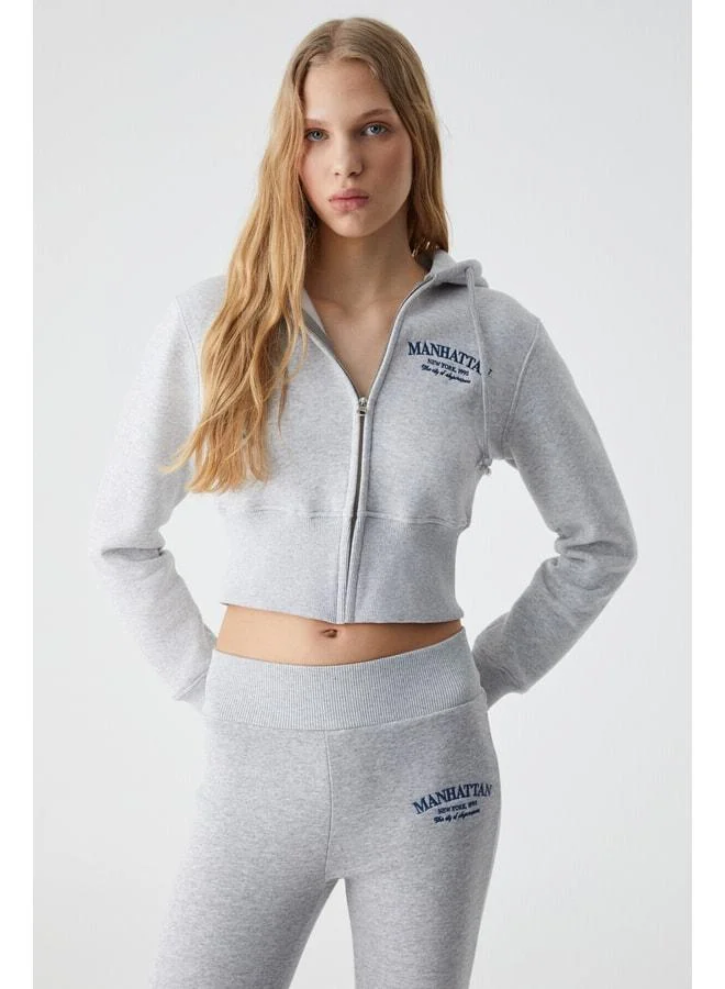 Grimelange IRESSINE Women's Hooded Zip Long Sleeve Regular Grey Melange Sweatshirt.