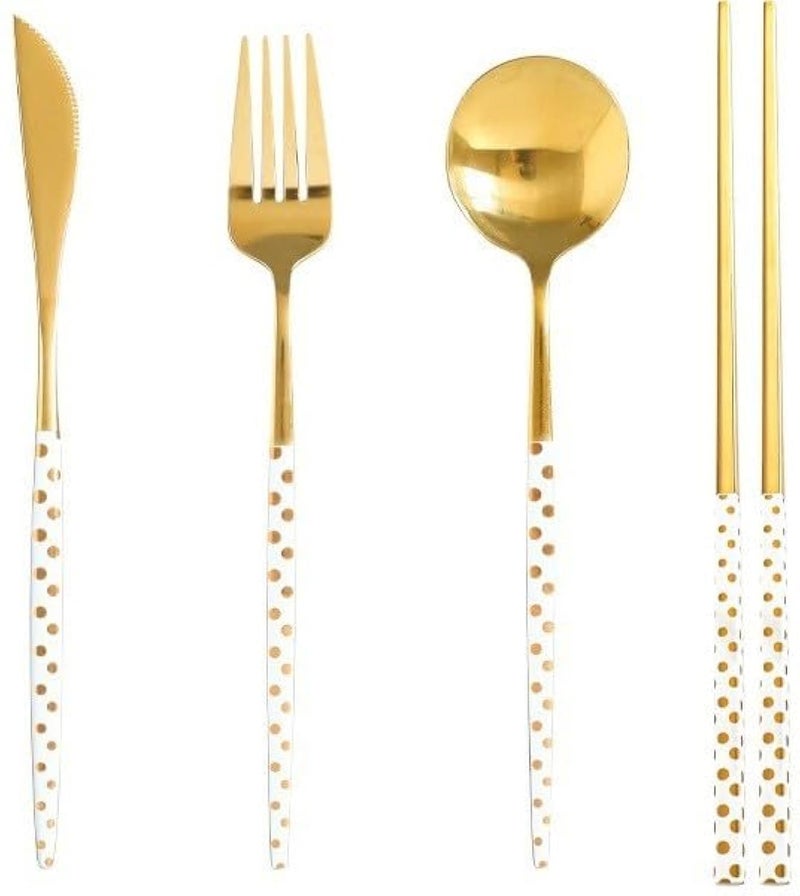 Iktu Premium Gold Plated 304 Stainless Steel Fork Spoon Knife Chopstick Set Flatware Dinnerware Cutlery Tableware Set (Dotted White) - Image 1