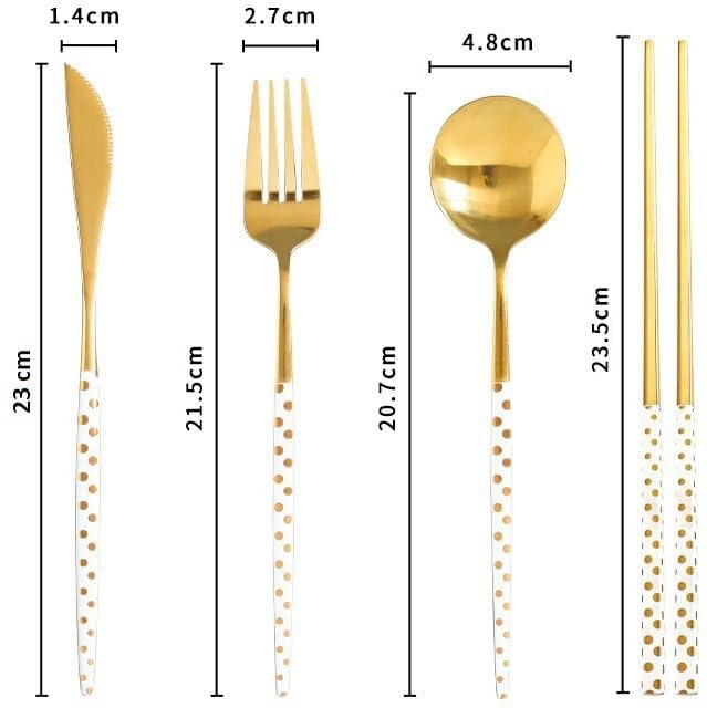 Iktu Premium Gold Plated 304 Stainless Steel Fork Spoon Knife Chopstick Set Flatware Dinnerware Cutlery Tableware Set (Dotted White) - Image 3
