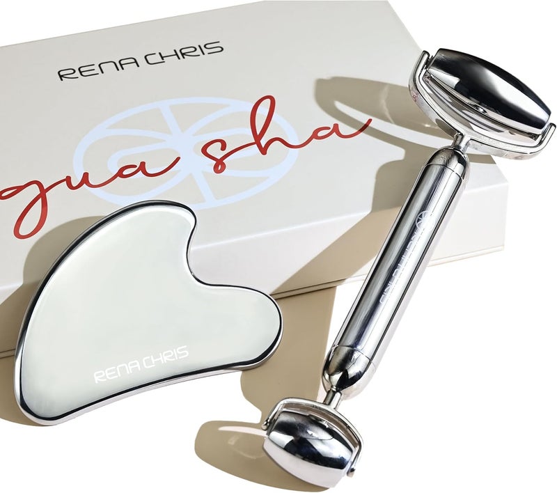 Rena Chris Gua Sha and Stainless Steel Facial Roller, Manual Facial Massager and GuaSha Tool, Sculpt Jawline and Reduce Puffiness, Skin Care Gift (Silver) - Image 1
