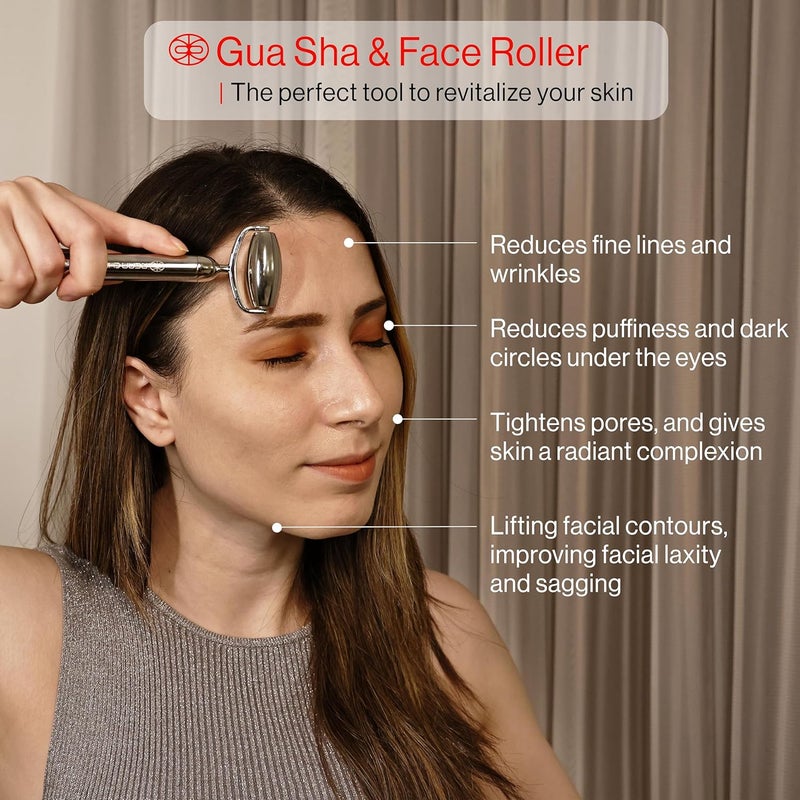 Rena Chris Gua Sha and Stainless Steel Facial Roller, Manual Facial Massager and GuaSha Tool, Sculpt Jawline and Reduce Puffiness, Skin Care Gift (Silver) - Image 4