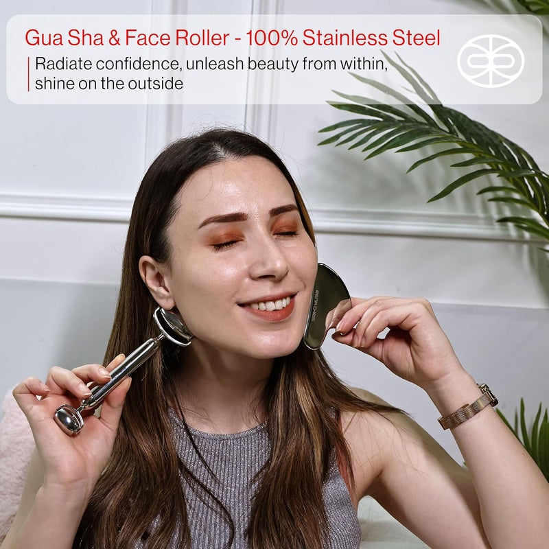 Rena Chris Gua Sha and Stainless Steel Facial Roller, Manual Facial Massager and GuaSha Tool, Sculpt Jawline and Reduce Puffiness, Skin Care Gift (Silver) - Image 3