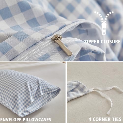DuShow Grid Queen Duvet Cover Set - Blue Plaid Checkered Washed Microfiber Comforter Cover Set, 3 Pieces Soft Reversible Bedding Set(Blue,Queen) - Image 3