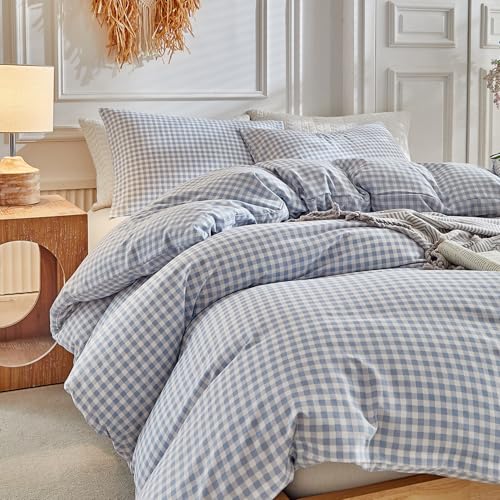 DuShow Grid Queen Duvet Cover Set - Blue Plaid Checkered Washed Microfiber Comforter Cover Set, 3 Pieces Soft Reversible Bedding Set(Blue,Queen) - Image 4