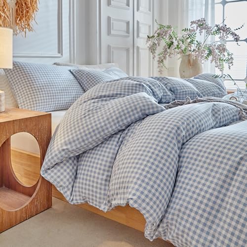 DuShow Grid Queen Duvet Cover Set - Blue Plaid Checkered Washed Microfiber Comforter Cover Set, 3 Pieces Soft Reversible Bedding Set(Blue,Queen) - Image 1