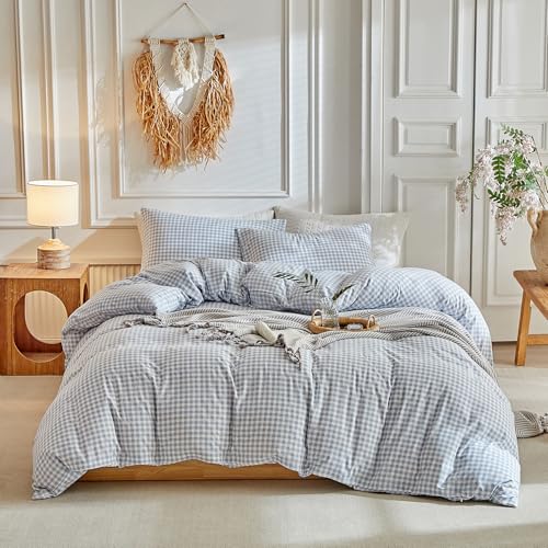 DuShow Grid Queen Duvet Cover Set - Blue Plaid Checkered Washed Microfiber Comforter Cover Set, 3 Pieces Soft Reversible Bedding Set(Blue,Queen) - Image 2