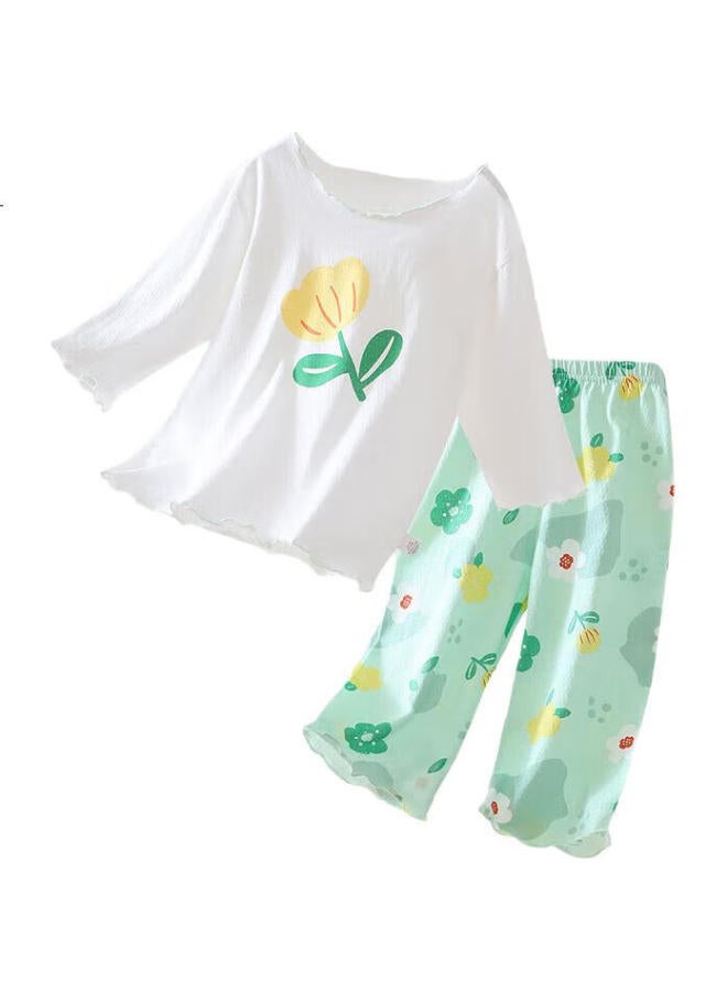 Deesha Girls' Short-Sleeve Pajama Set, Children'S Air Conditioning Wear, Summer Outfit, Tulip White, Size 175 - Image 3