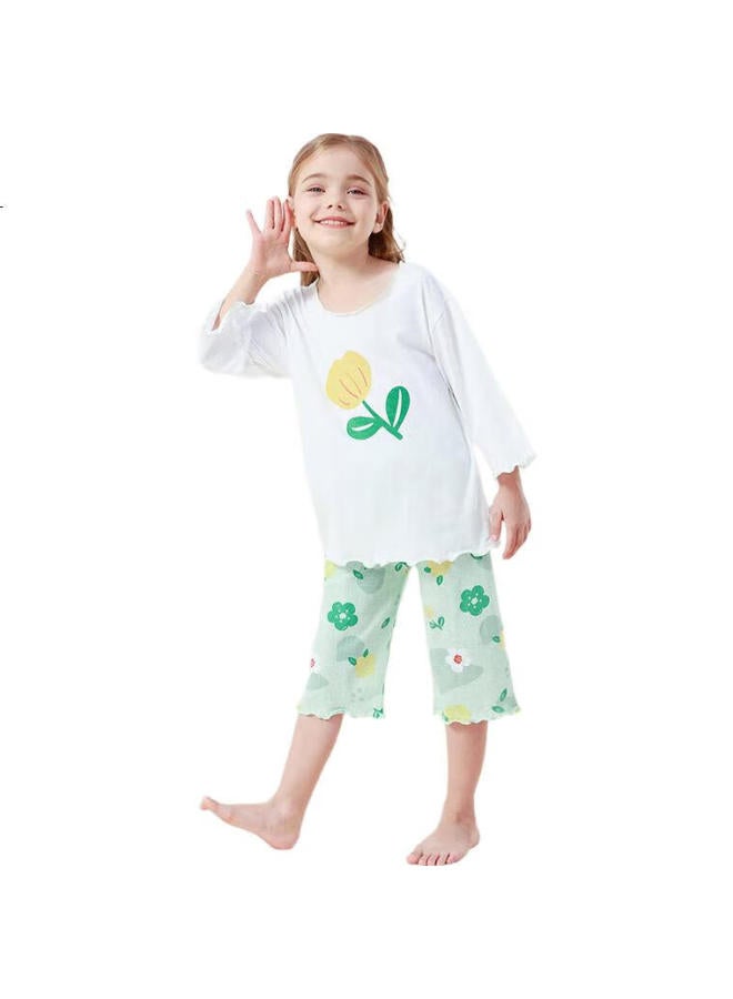 Deesha Girls' Short-Sleeve Pajama Set, Children'S Air Conditioning Wear, Summer Outfit, Tulip White, Size 175 - Image 2