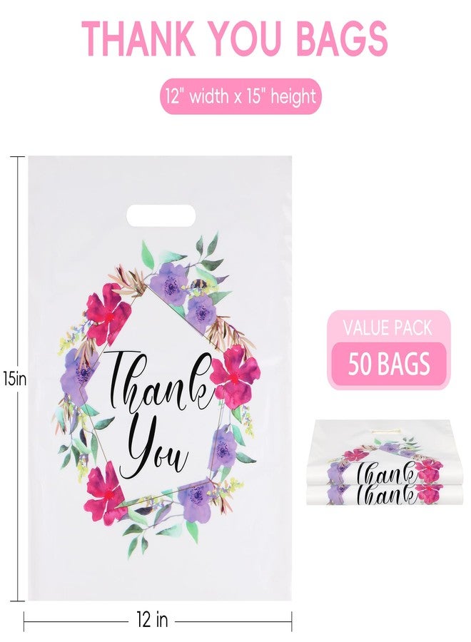 POPGIFTU Floral Plastic Thank You Gift Bags Bulk - 12"x15" Merchandise Retail Shopping Bags with Die-Cut Handles, 50 Pack - Perfect for Small Businesses, Boutiques, Clothing Stores, Weddings, Party Favors - Image 2