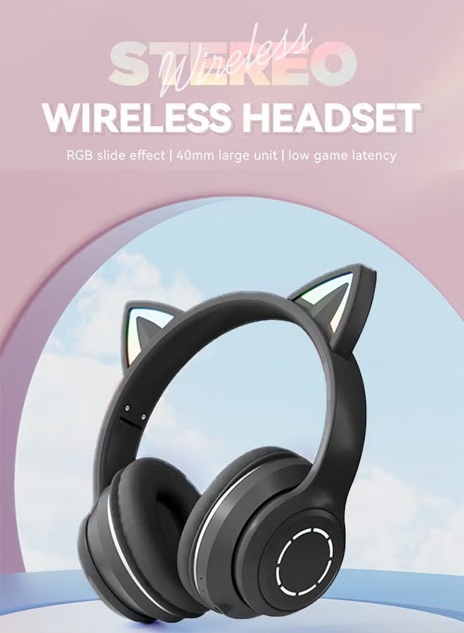 Arabest Bluetooth Over-Ear Headphone,RGB Cat-Ear Stereo Sound Headset,TF card/Wired/Wireless Mode-Black - Image 2