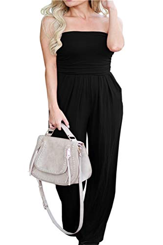 PRIMODA Women's Tube Top Strapless Off Shoulder Loose Wide Leg Jumpsuit Romper With Pockets (Small, Black) - Image 5