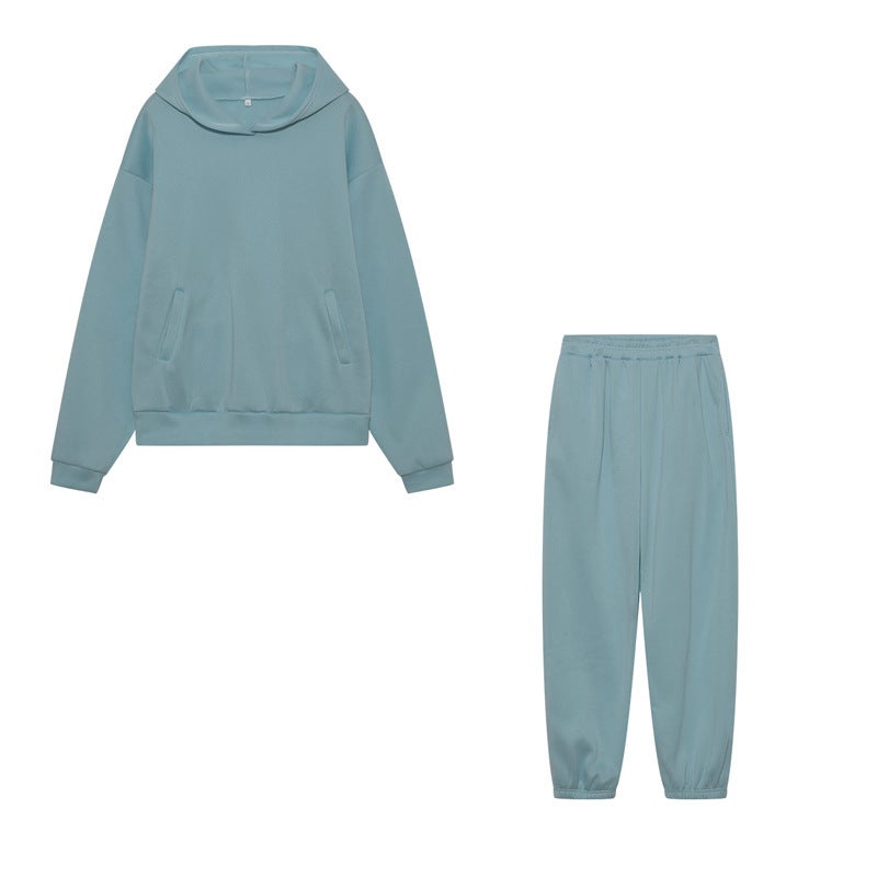 African European and American autumn and winter cross-border fashion casual womens clothing thickened long-sleeved hooded sweater trousers two-piece suit for women Cyan