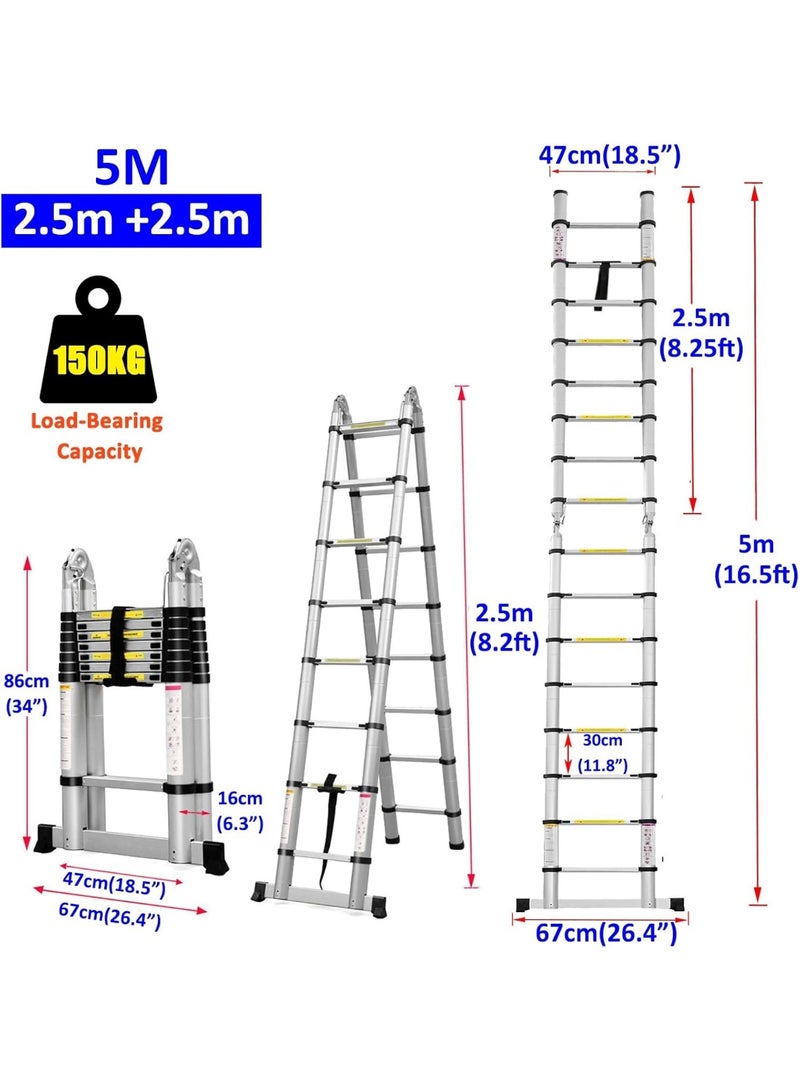 A-Frame Telescopic Aluminum Ladder – 5m (2.5m+2.5m) Folding Multipurpose Extendable Ladder with Stabilizer - Image 4