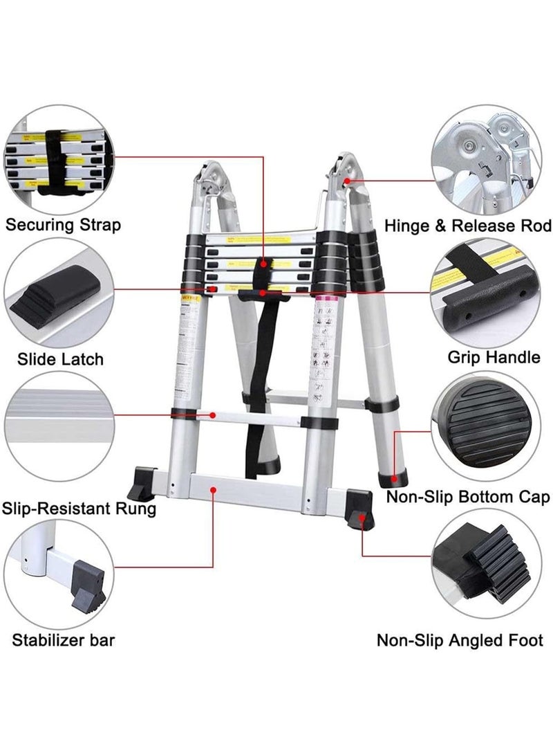 A-Frame Telescopic Aluminum Ladder – 5m (2.5m+2.5m) Folding Multipurpose Extendable Ladder with Stabilizer - Image 3