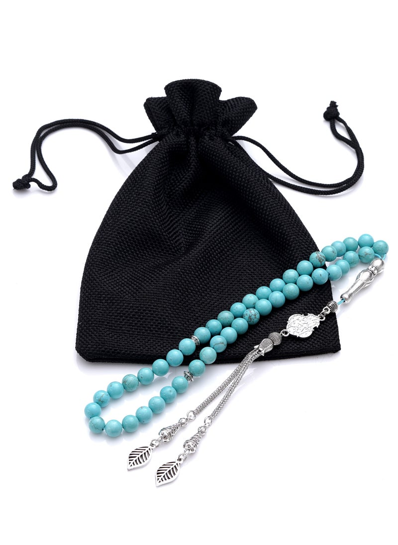 Subhati Prayer Beads (Misbah) with metal Parts and Turquoise Stone | 8 MM Beads - 45 Pcs | Gandeel writing 2  - Image 2